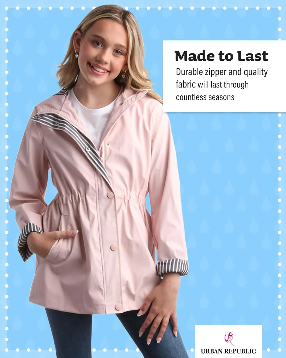 URBAN REPUBLIC Girls' Rain Jacket - Lightweight Waterproof Slicker Shell Hooded Raincoat for Travel, Hiking, and Golf (7-16)
