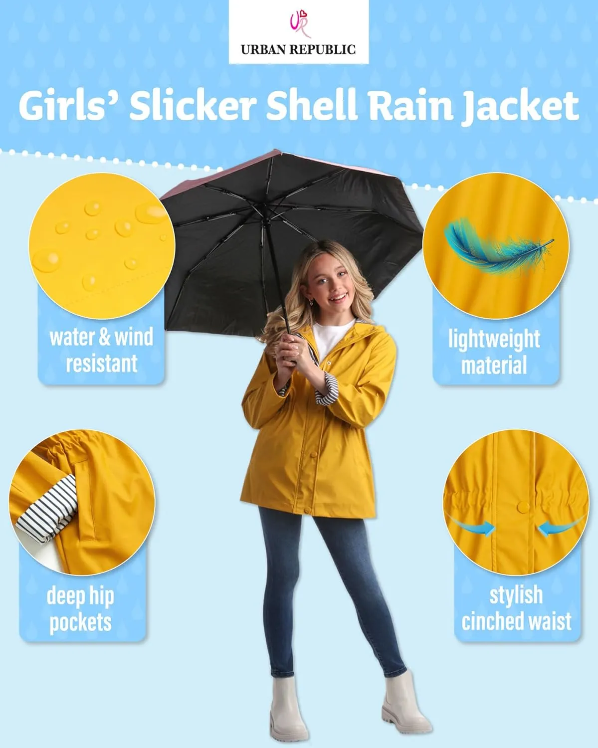 URBAN REPUBLIC Girls' Rain Jacket - Lightweight Waterproof Slicker Shell Hooded Raincoat for Travel, Hiking, and Golf (7-16)