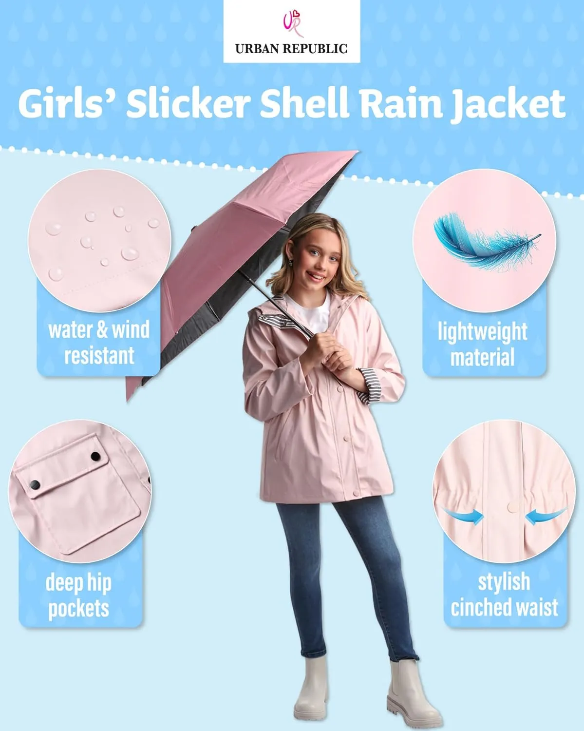 URBAN REPUBLIC Girls' Rain Jacket - Lightweight Waterproof Slicker Shell Hooded Raincoat for Travel, Hiking, and Golf (7-16)