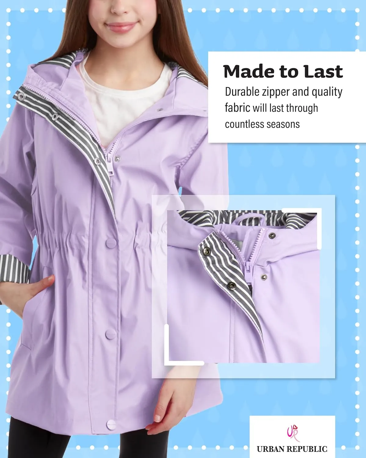 URBAN REPUBLIC Girls' Rain Jacket - Lightweight Waterproof Slicker Shell Hooded Raincoat for Travel, Hiking, and Golf (7-16)