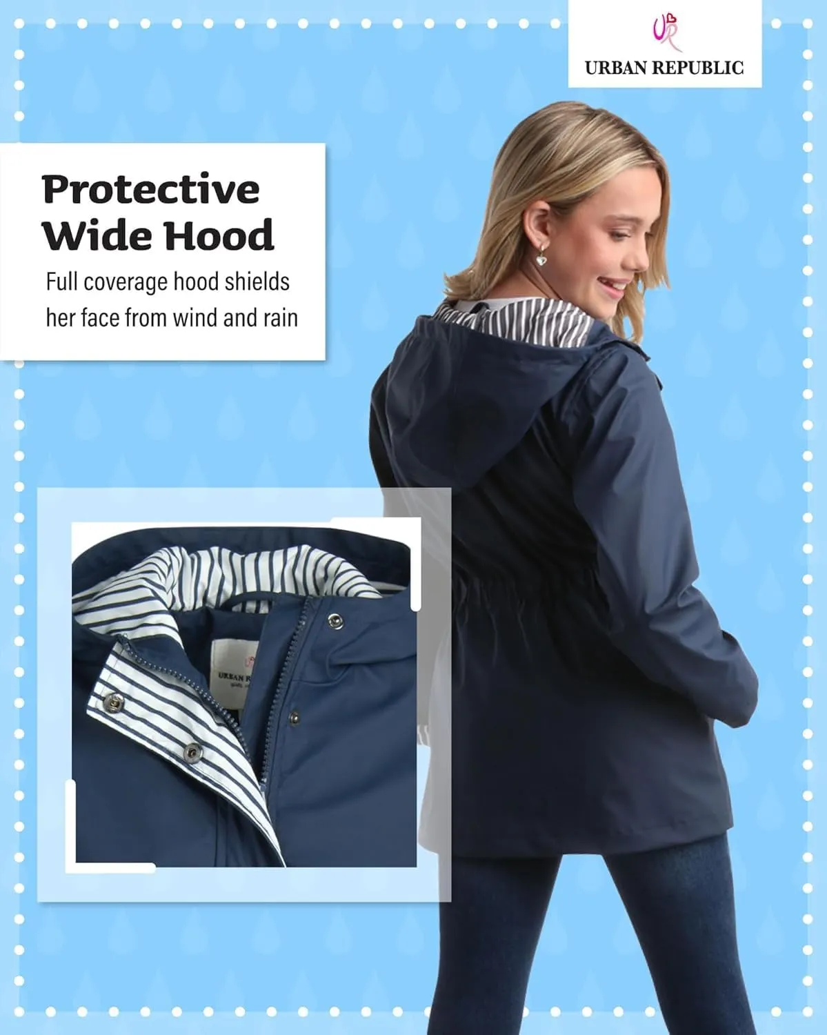 URBAN REPUBLIC Girls' Rain Jacket - Lightweight Waterproof Slicker Shell Hooded Raincoat for Travel, Hiking, and Golf (7-16)