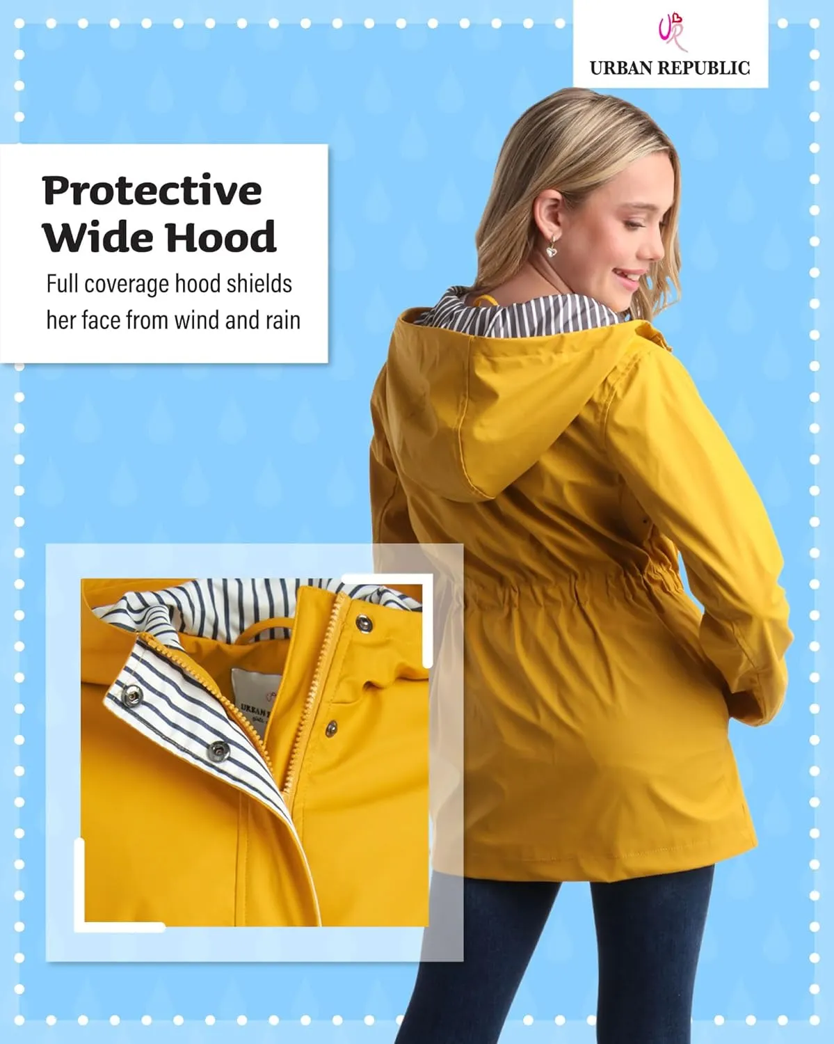URBAN REPUBLIC Girls' Rain Jacket - Lightweight Waterproof Slicker Shell Hooded Raincoat for Travel, Hiking, and Golf (7-16)