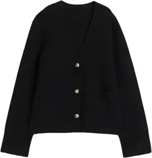 V Neck Versatile Cardigan Women's Knitted Solid Color Long Sleeve Pocket Single Breasted Top