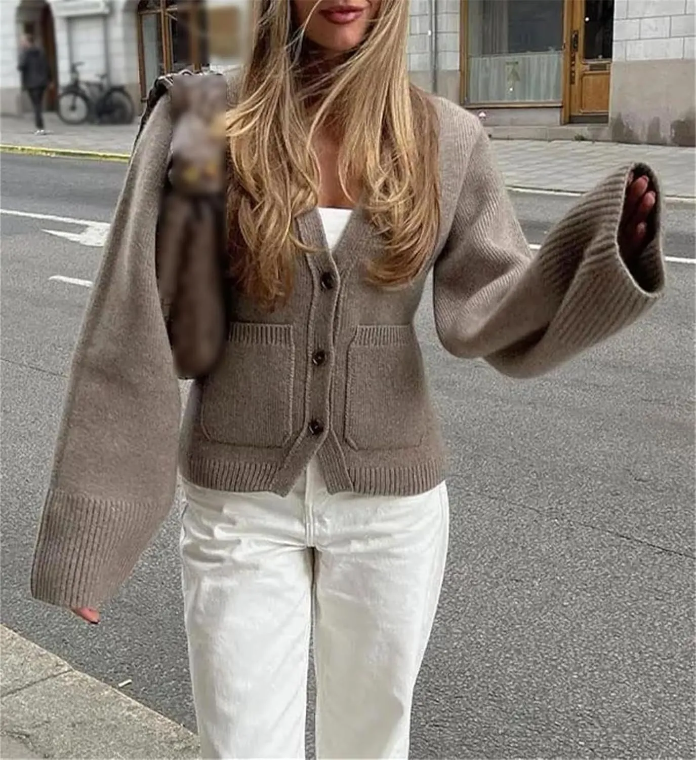 V Neck Versatile Cardigan Women's Knitted Solid Color Long Sleeve Pocket Single Breasted Top