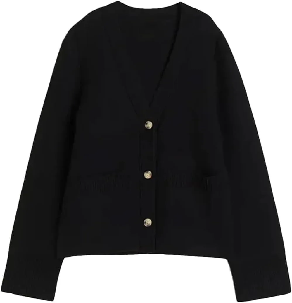 V Neck Versatile Cardigan Women's Knitted Solid Color Long Sleeve Pocket Single Breasted Top