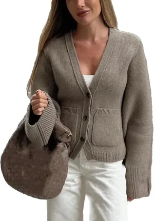 V Neck Versatile Cardigan Women's Knitted Solid Color Long Sleeve Pocket Single Breasted Top