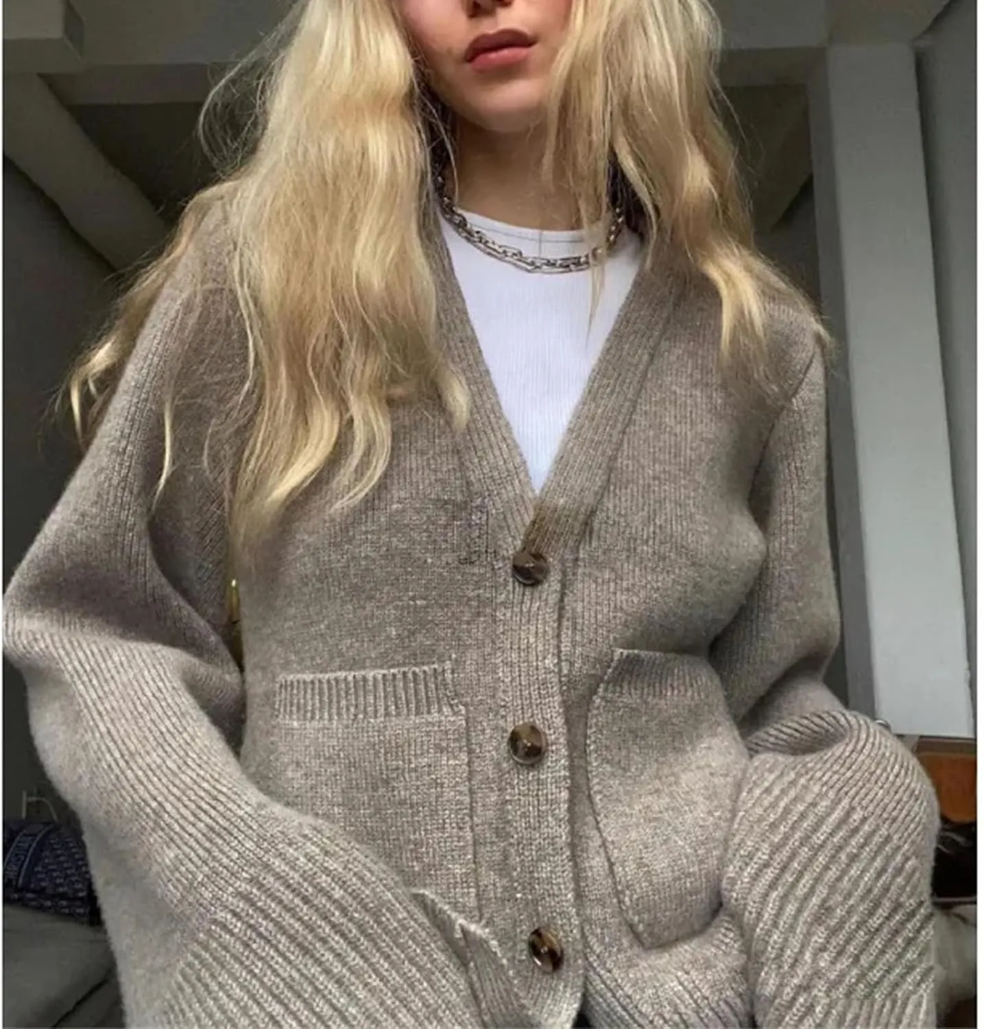 V Neck Versatile Cardigan Women's Knitted Solid Color Long Sleeve Pocket Single Breasted Top