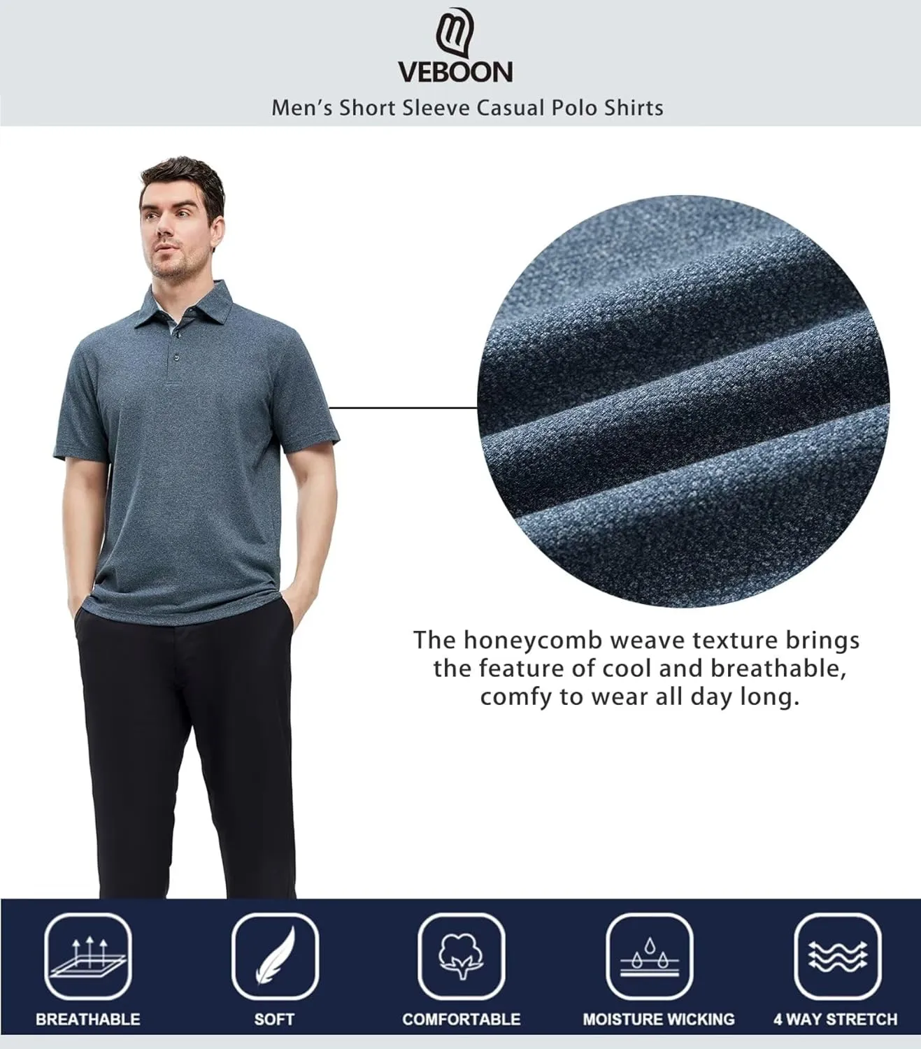 VEBOON Men's Polo Shirts Long and Short Sleeve Cotton Blend Heather Moisture Wicking Casual Collared Shirts