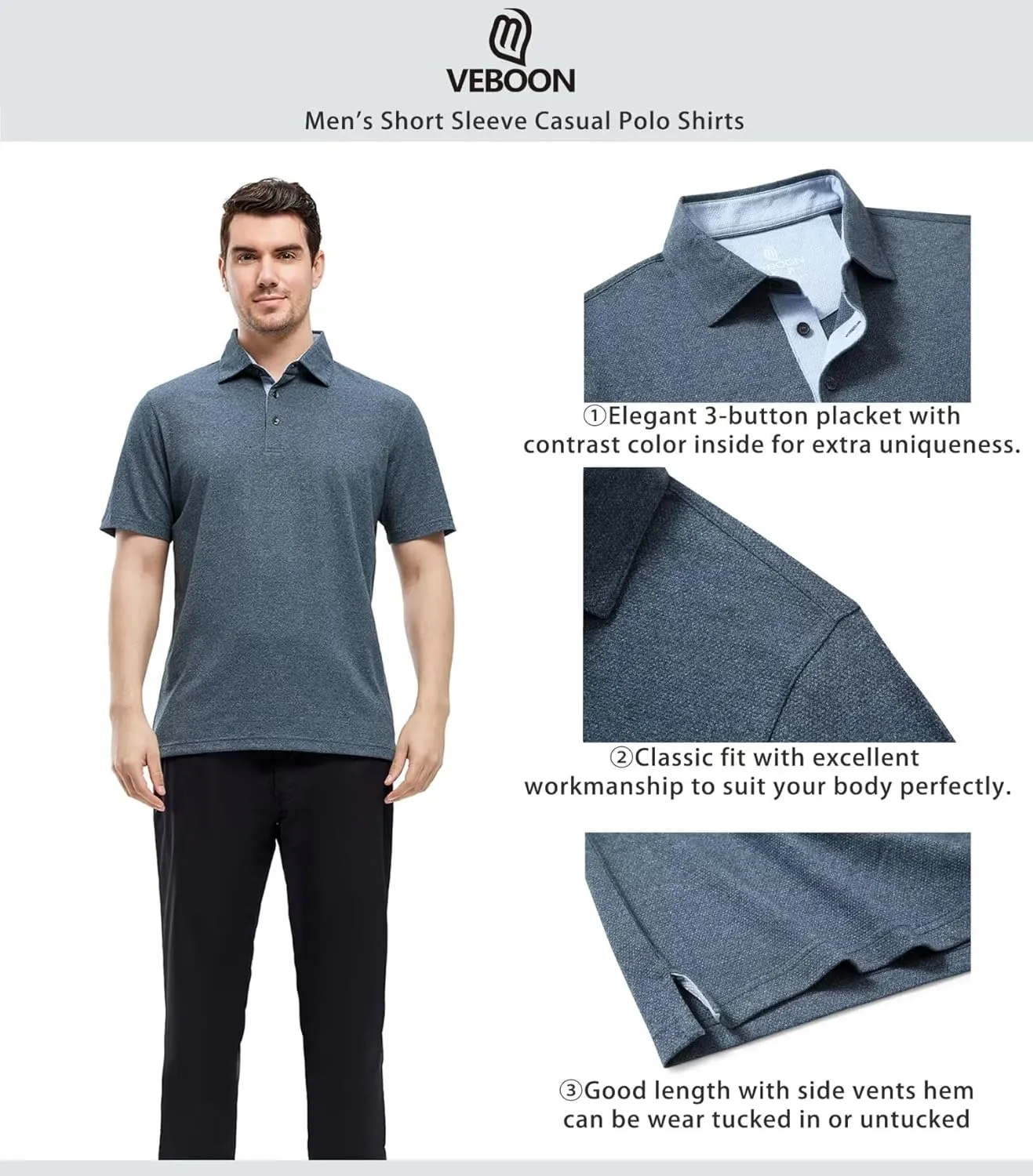 VEBOON Men's Polo Shirts Long and Short Sleeve Cotton Blend Heather Moisture Wicking Casual Collared Shirts