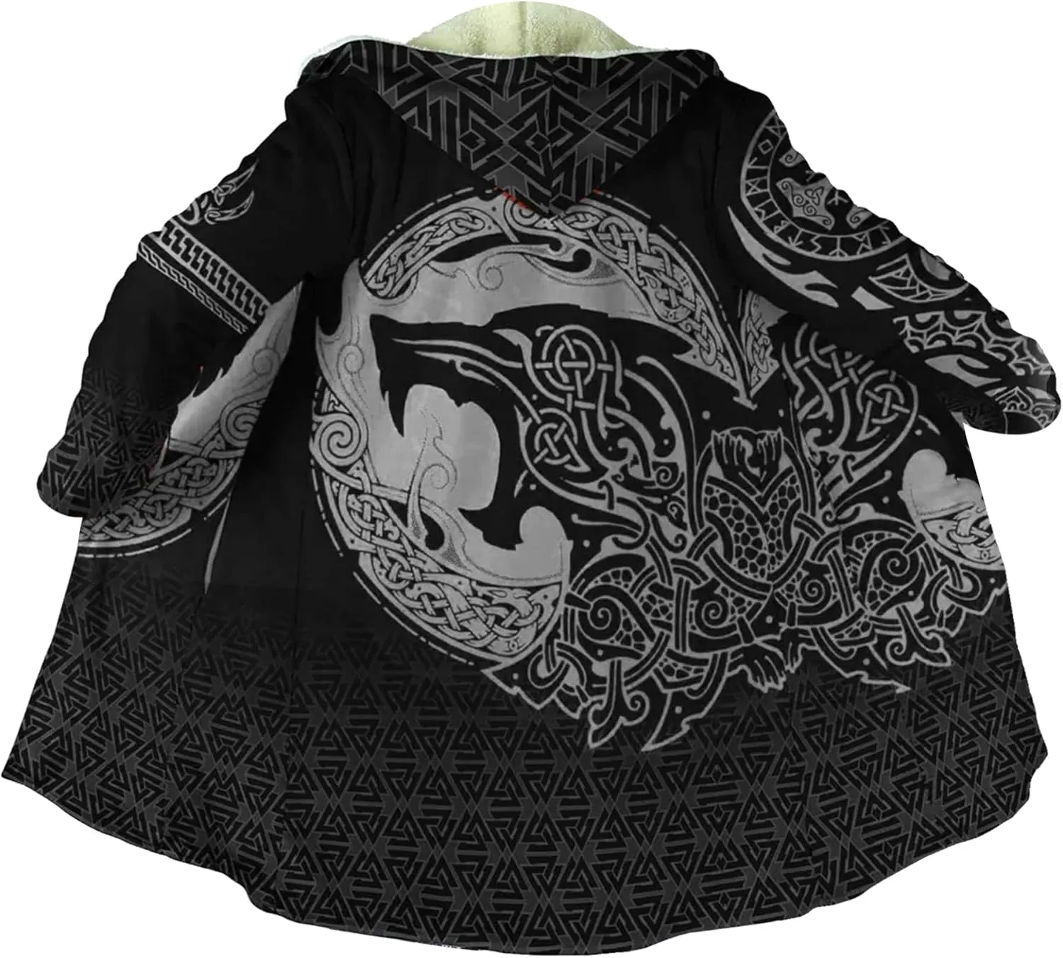Viking Men's Winter Cloak Fenrir Wolf Thickened Warm Lambswool Hooded Parka Ragnarok Casual Jacket Outerwear