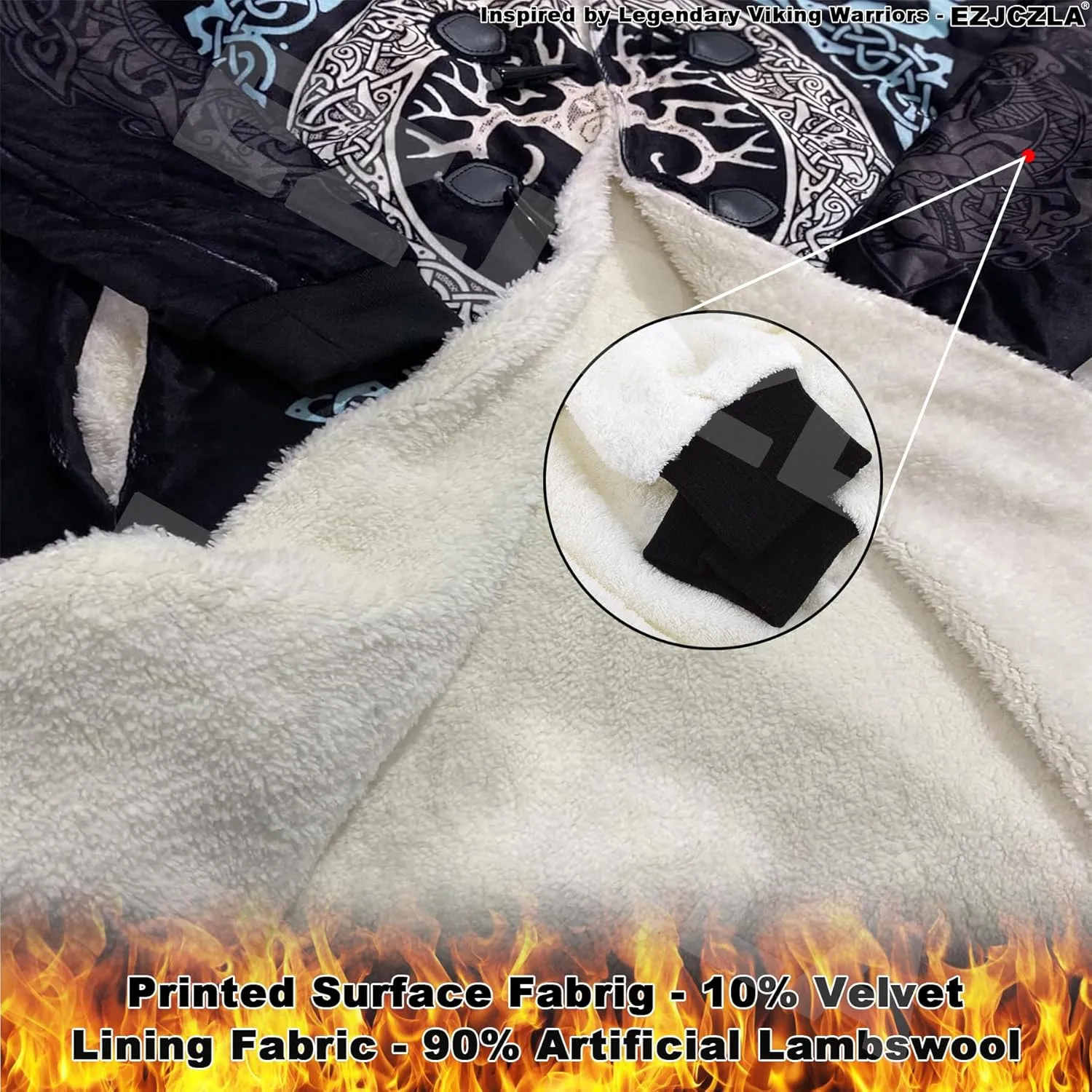 Viking Men's Winter Cloak Fenrir Wolf Thickened Warm Lambswool Hooded Parka Ragnarok Casual Jacket Outerwear