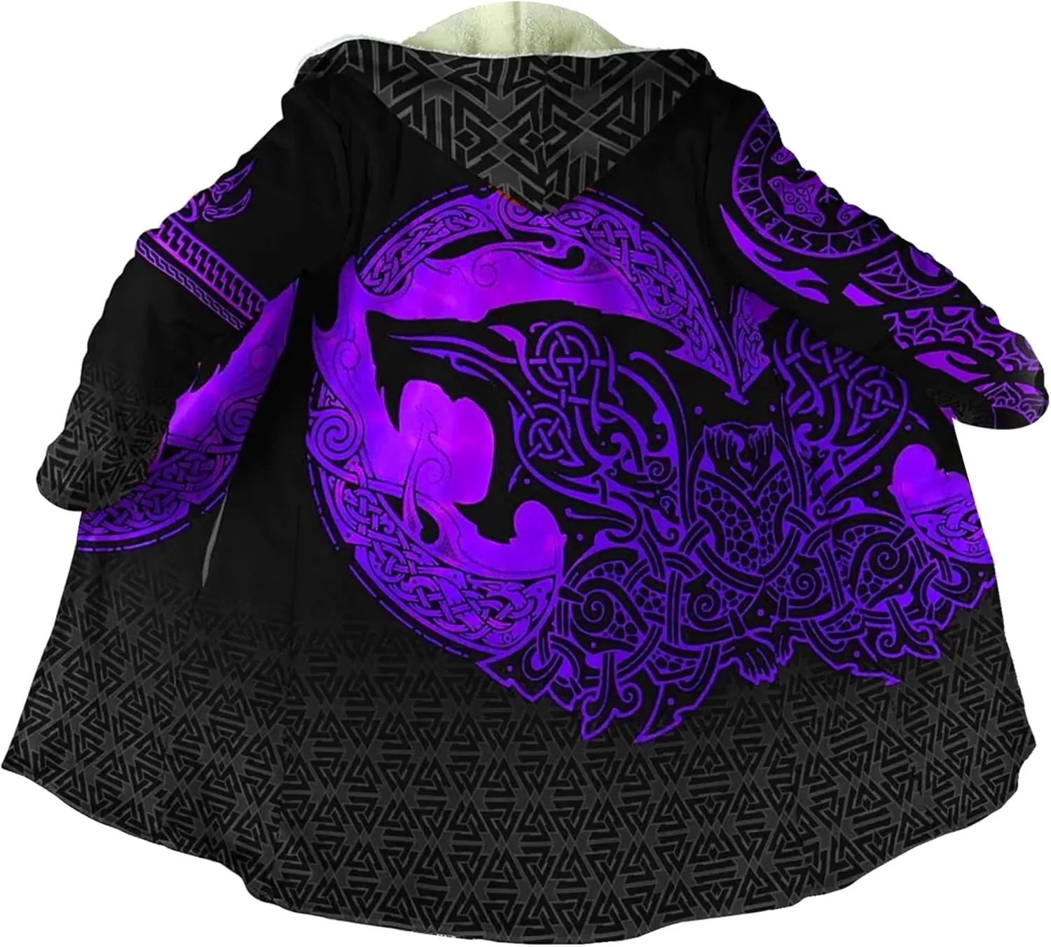 Viking Men's Winter Cloak Fenrir Wolf Thickened Warm Lambswool Hooded Parka Ragnarok Casual Jacket Outerwear