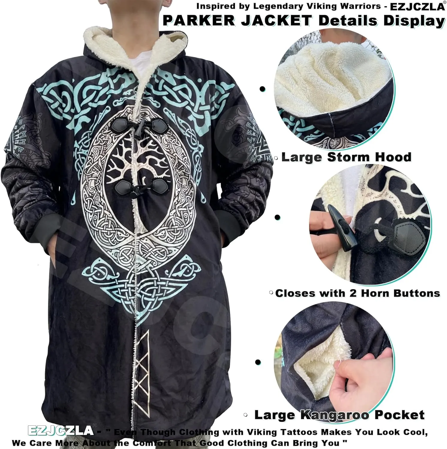 Viking Men's Winter Cloak Fenrir Wolf Thickened Warm Lambswool Hooded Parka Ragnarok Casual Jacket Outerwear