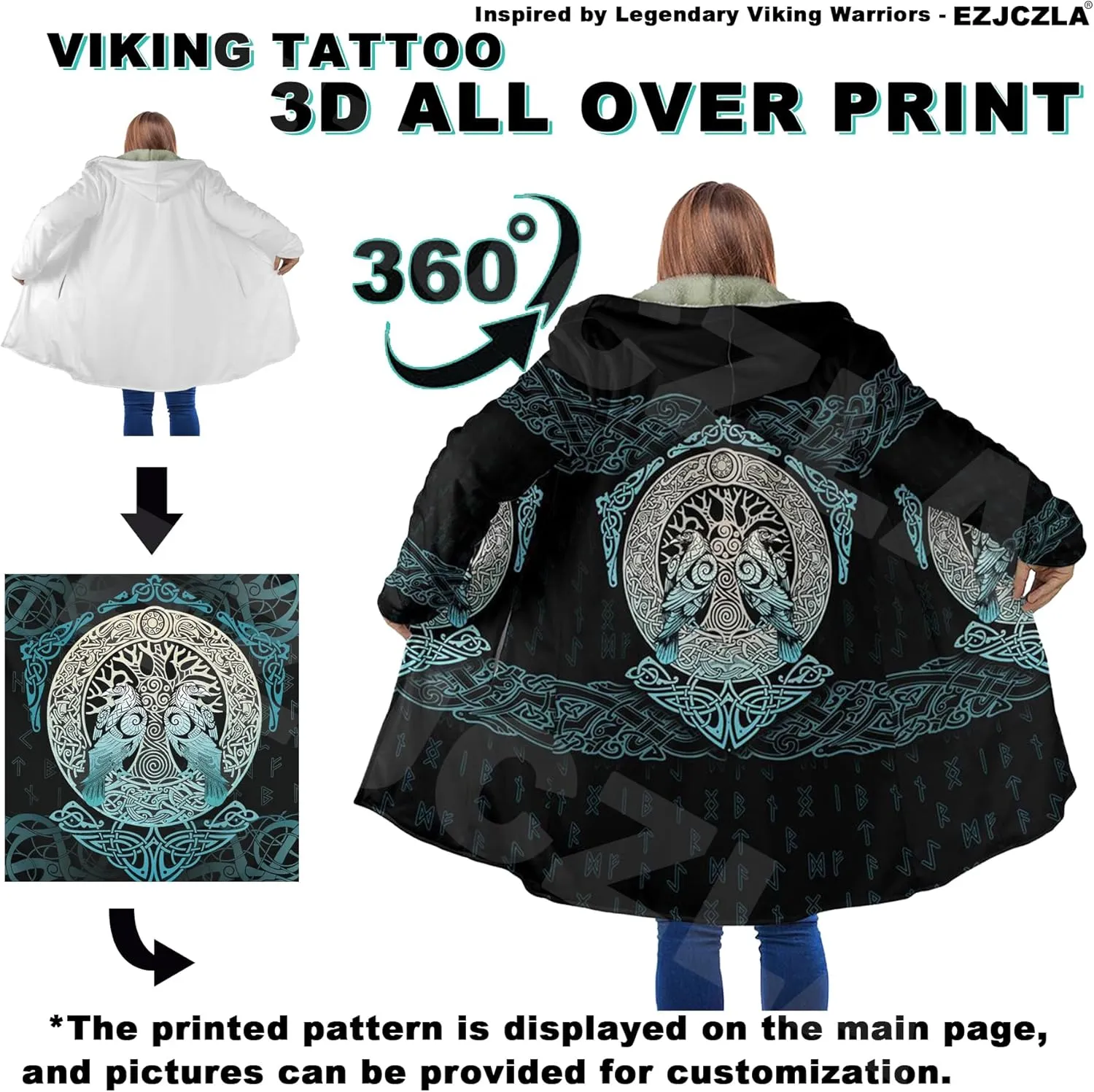 Viking Men's Winter Cloak Fenrir Wolf Thickened Warm Lambswool Hooded Parka Ragnarok Casual Jacket Outerwear