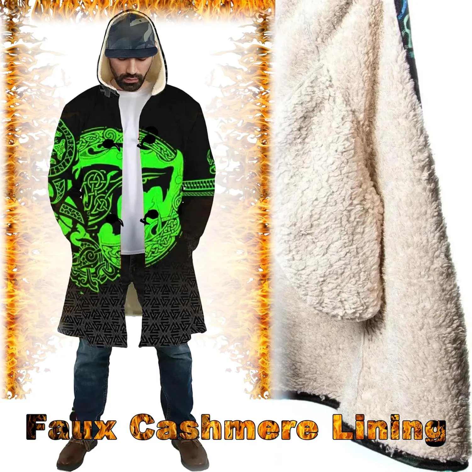 Viking Men's Winter Cloak Fenrir Wolf Thickened Warm Lambswool Hooded Parka Ragnarok Casual Jacket Outerwear