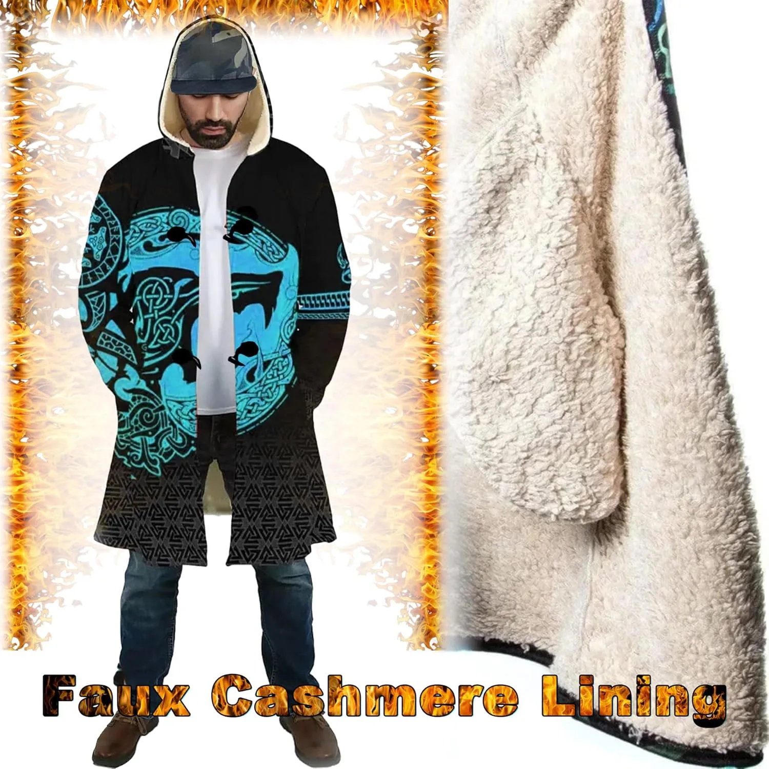 Viking Men's Winter Cloak Fenrir Wolf Thickened Warm Lambswool Hooded Parka Ragnarok Casual Jacket Outerwear