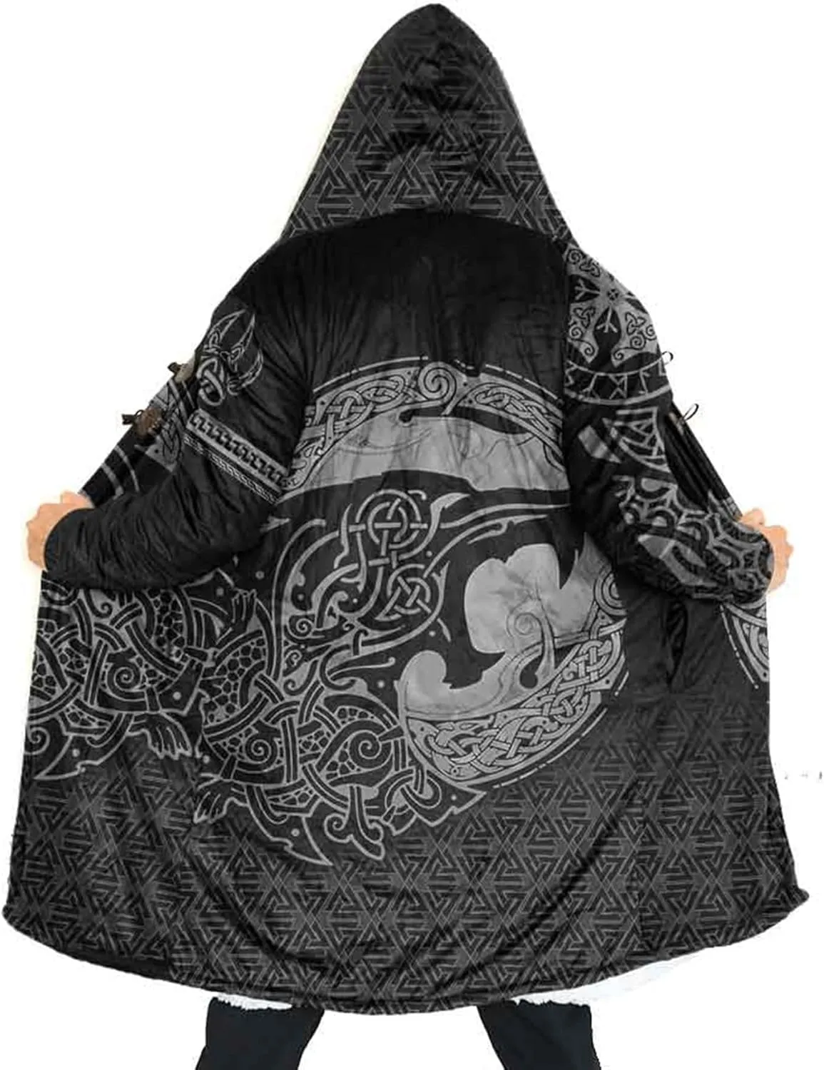 Viking Men's Winter Cloak Fenrir Wolf Thickened Warm Lambswool Hooded Parka Ragnarok Casual Jacket Outerwear