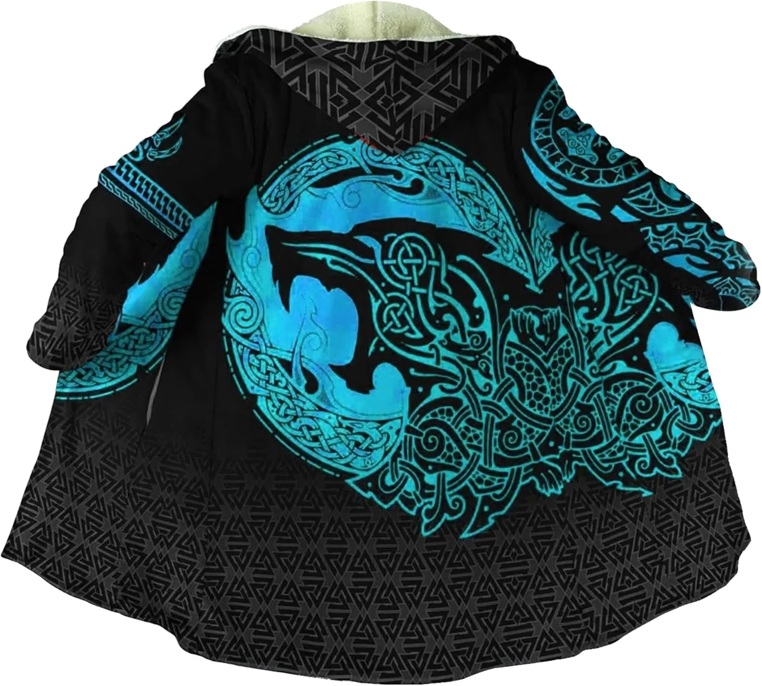 Viking Men's Winter Cloak Fenrir Wolf Thickened Warm Lambswool Hooded Parka Ragnarok Casual Jacket Outerwear