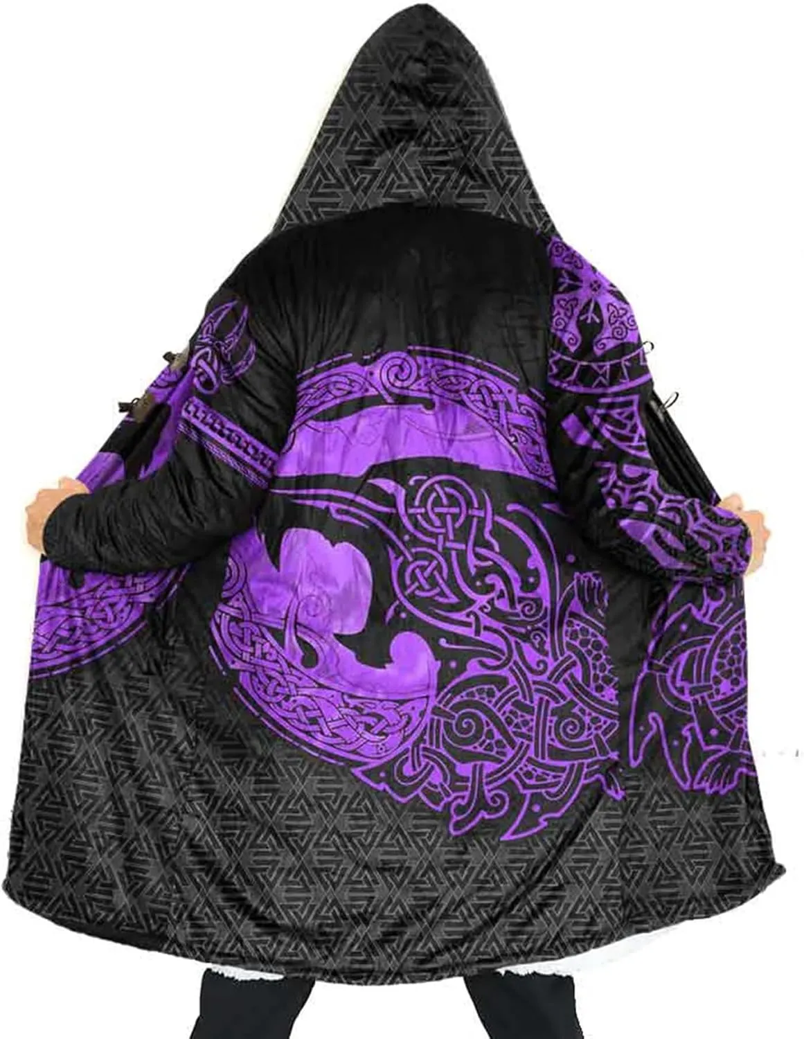 Viking Men's Winter Cloak Fenrir Wolf Thickened Warm Lambswool Hooded Parka Ragnarok Casual Jacket Outerwear