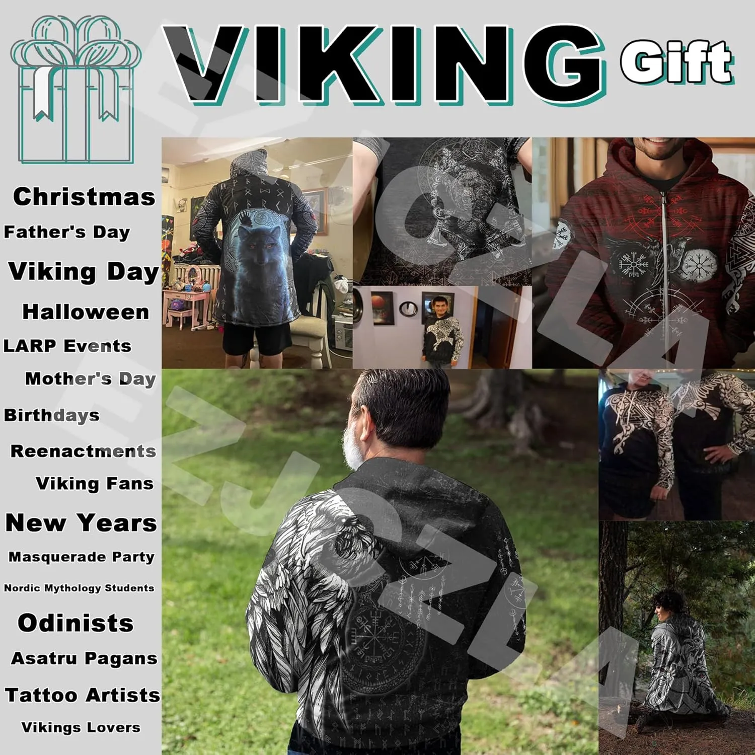 Viking Men's Winter Cloak Fenrir Wolf Thickened Warm Lambswool Hooded Parka Ragnarok Casual Jacket Outerwear