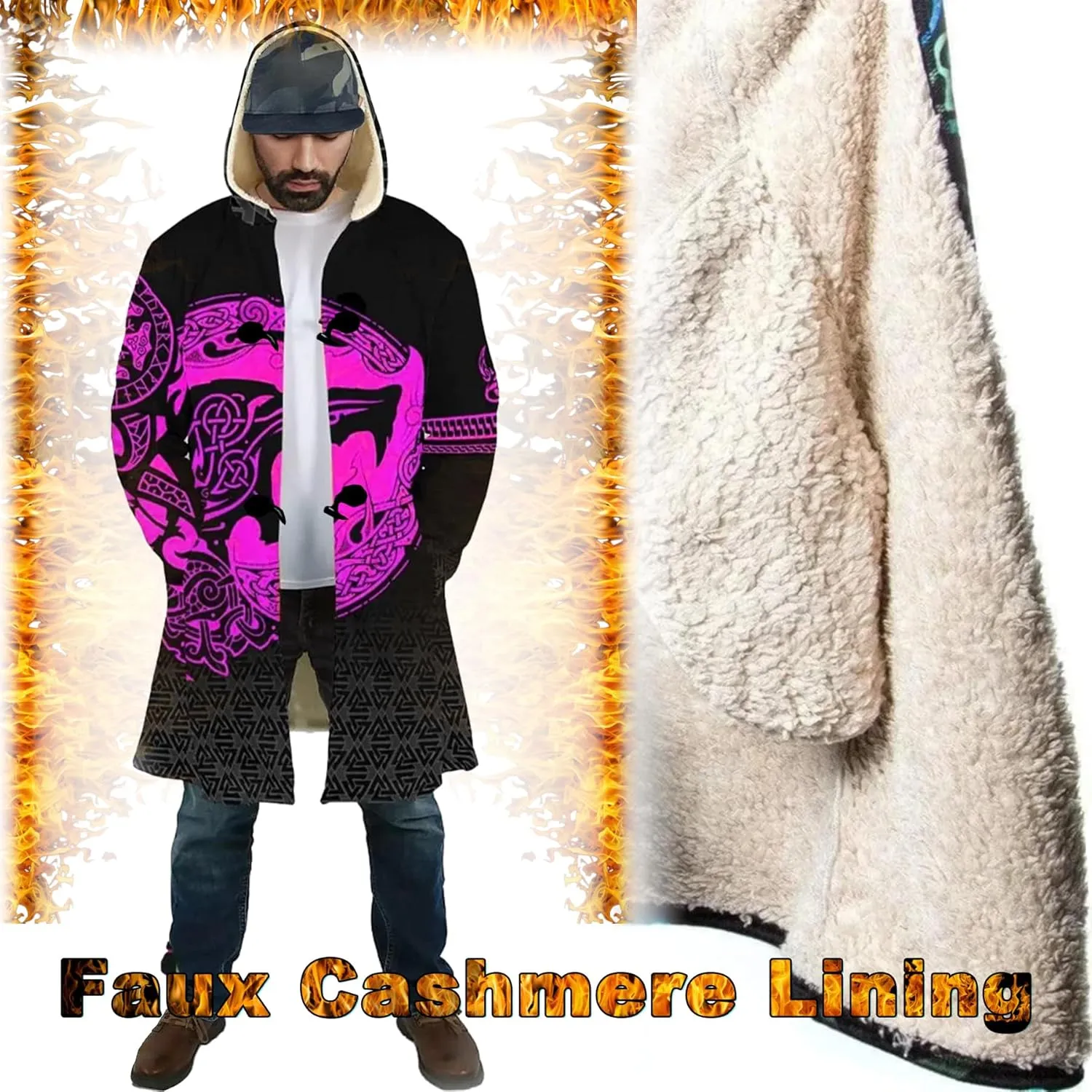 Viking Men's Winter Cloak Fenrir Wolf Thickened Warm Lambswool Hooded Parka Ragnarok Casual Jacket Outerwear