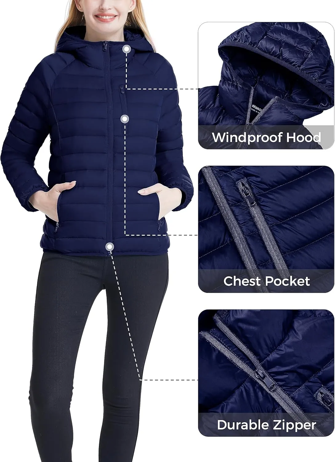 Wantdo Women's Packable Down Jacket Lightweight Puffer Jacket Hooded Winter Coat