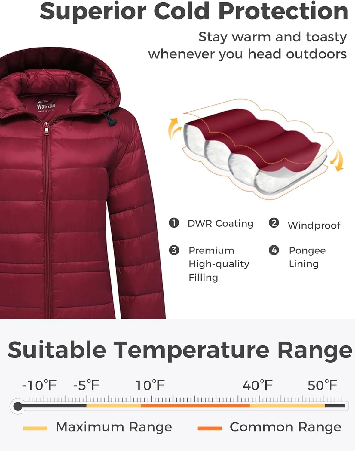 wantdo Women's Packable Puffer Coat Hooded Lightweight Long Winter Coats