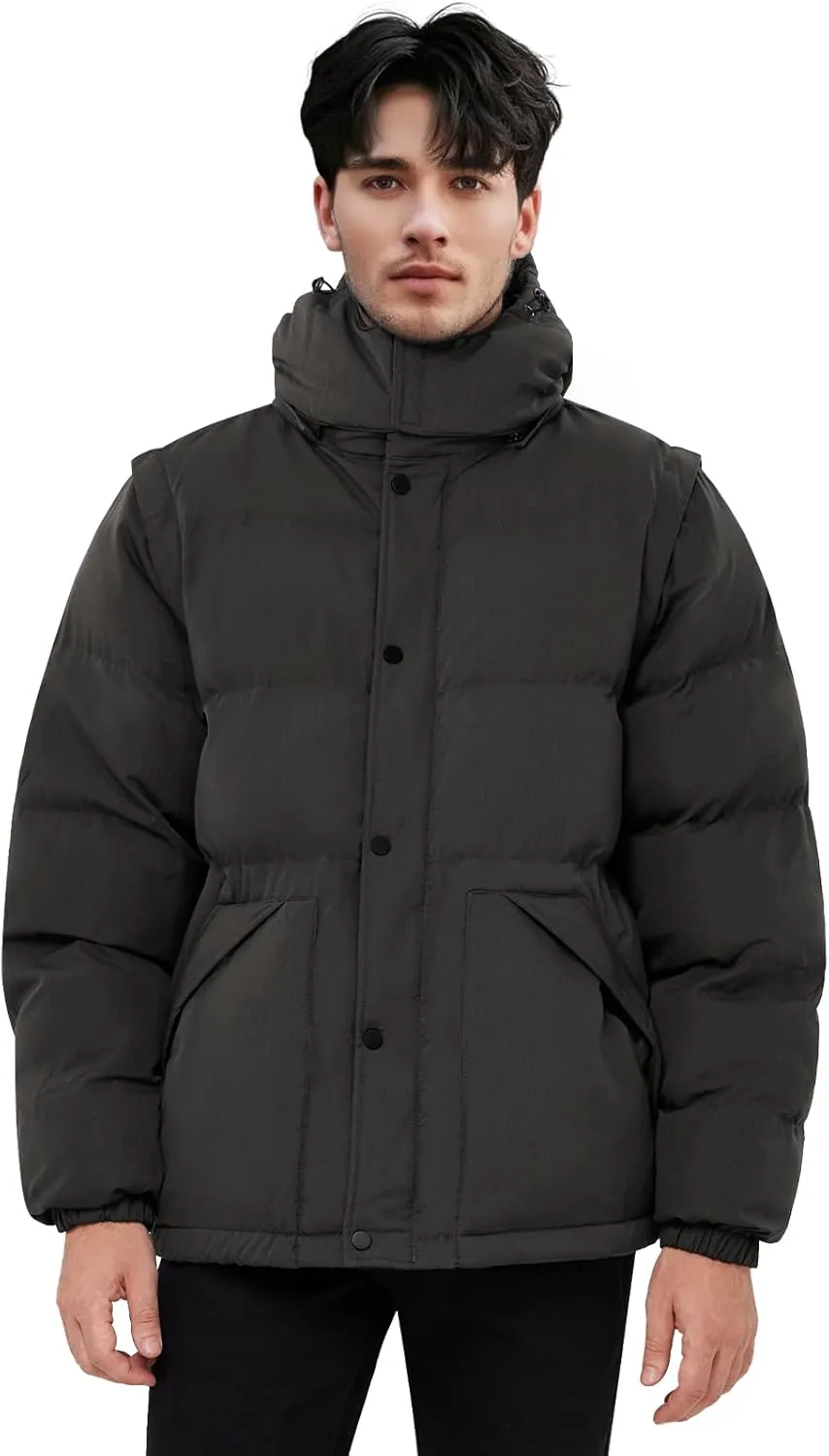 WEEN CHARM Men's Removable Sleeves Winter Coat Puffer Vest Waterproof Parka Jacket Warm Thicken Ski Coat with Removable Hood