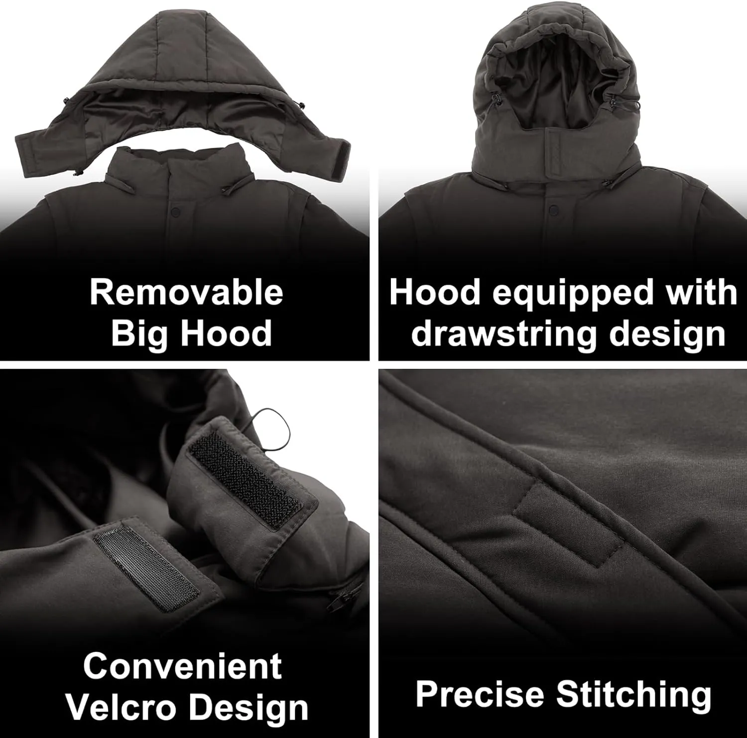 WEEN CHARM Men's Removable Sleeves Winter Coat Puffer Vest Waterproof Parka Jacket Warm Thicken Ski Coat with Removable Hood