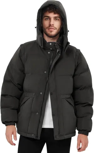 WEEN CHARM Men's Removable Sleeves Winter Coat Puffer Vest Waterproof Parka Jacket Warm Thicken Ski Coat with Removable Hood