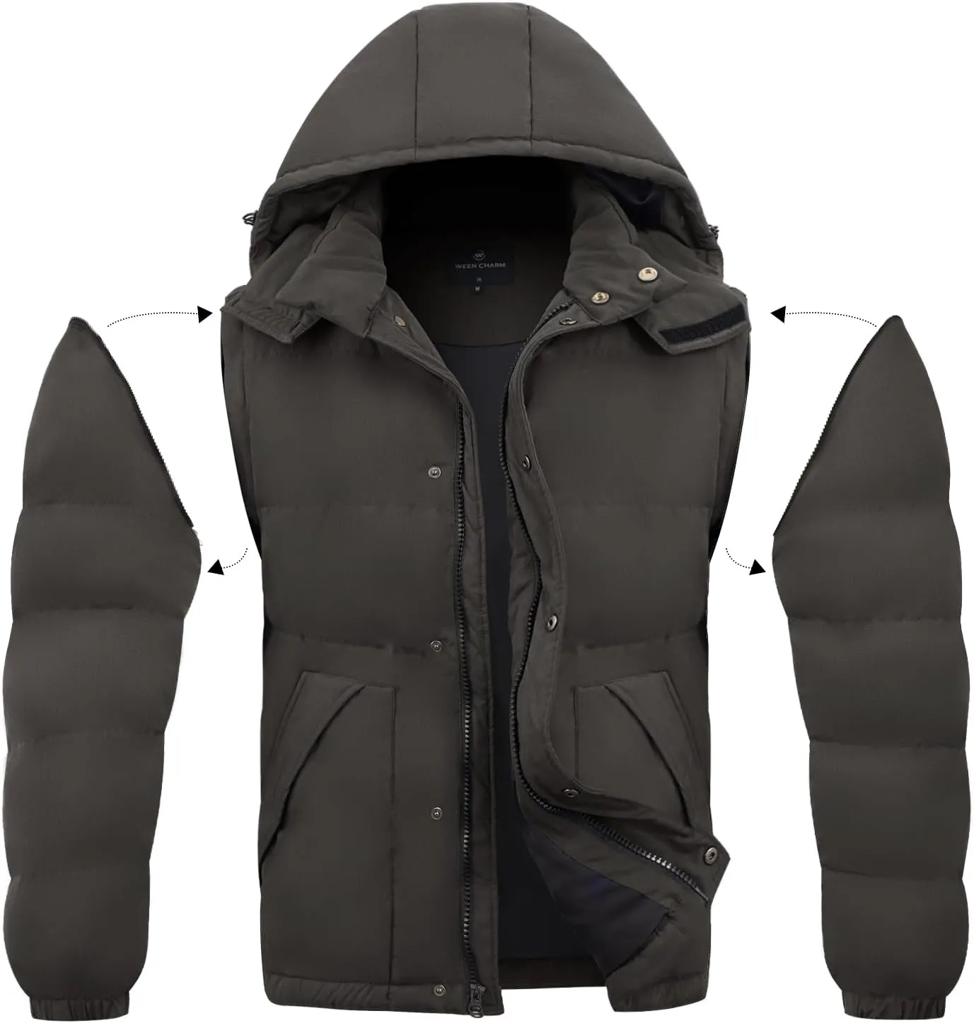 WEEN CHARM Men's Removable Sleeves Winter Coat Puffer Vest Waterproof Parka Jacket Warm Thicken Ski Coat with Removable Hood