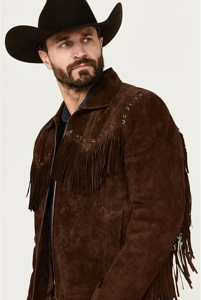 Western Cowboy Suede Jacket Men Traditional Buckskin Native American Beaded Brown Real Leather Fringe Jacket