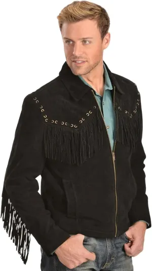 Western Cowboy Suede Jacket Men Traditional Buckskin Native American Beaded Brown Real Leather Fringe Jacket