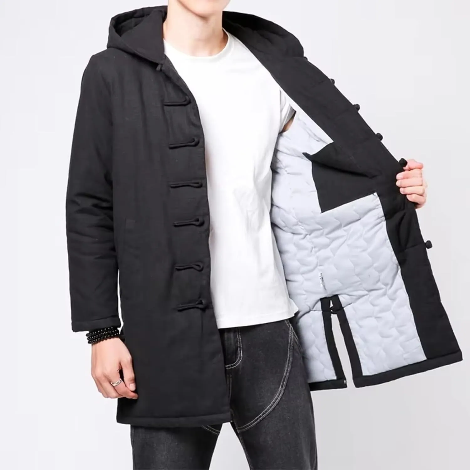 Winter Chinese Style Thick Parkas Men Warm Long Trench Coat Men Retro Tang Suit Male Hooded Cotton -Padded Jacket