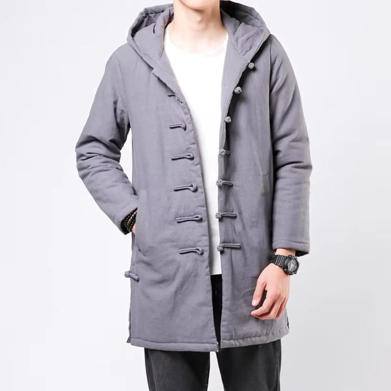 Winter Chinese Style Thick Parkas Men Warm Long Trench Coat Men Retro Tang Suit Male Hooded Cotton -Padded Jacket