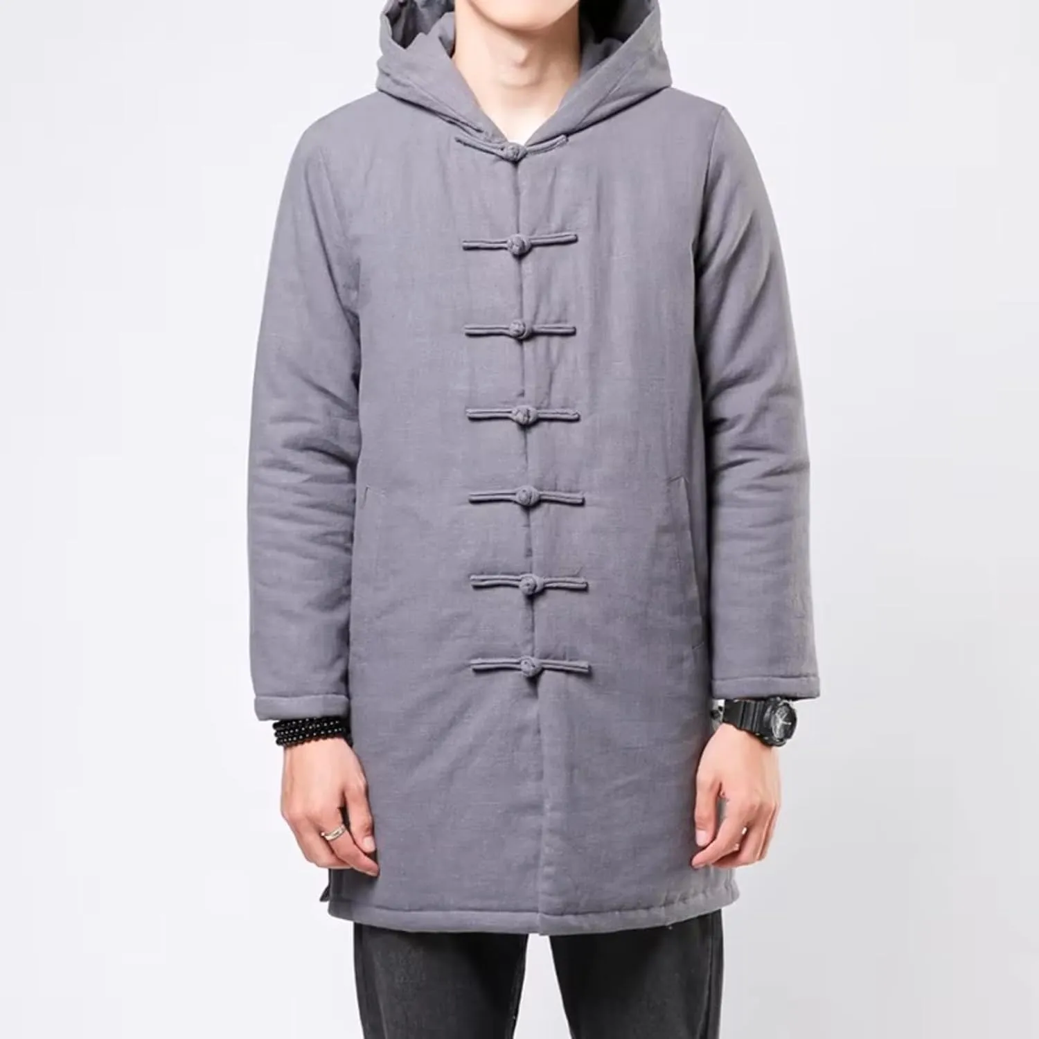 Winter Chinese Style Thick Parkas Men Warm Long Trench Coat Men Retro Tang Suit Male Hooded Cotton -Padded Jacket