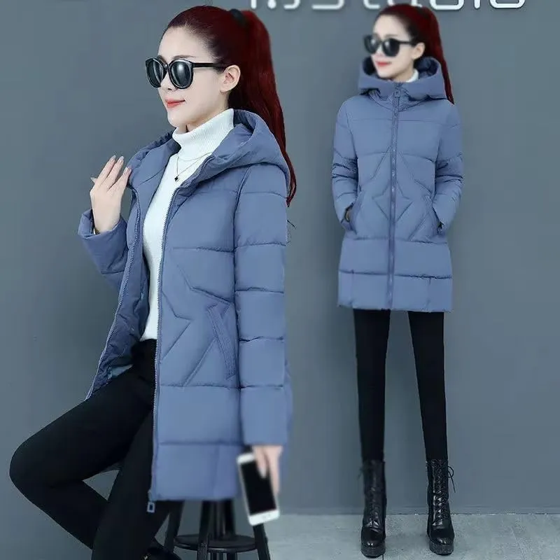 Winter Cotton-Padded Jacket Women's Hooded Solid Parkas Warm Coat Down Jackets Outerwear