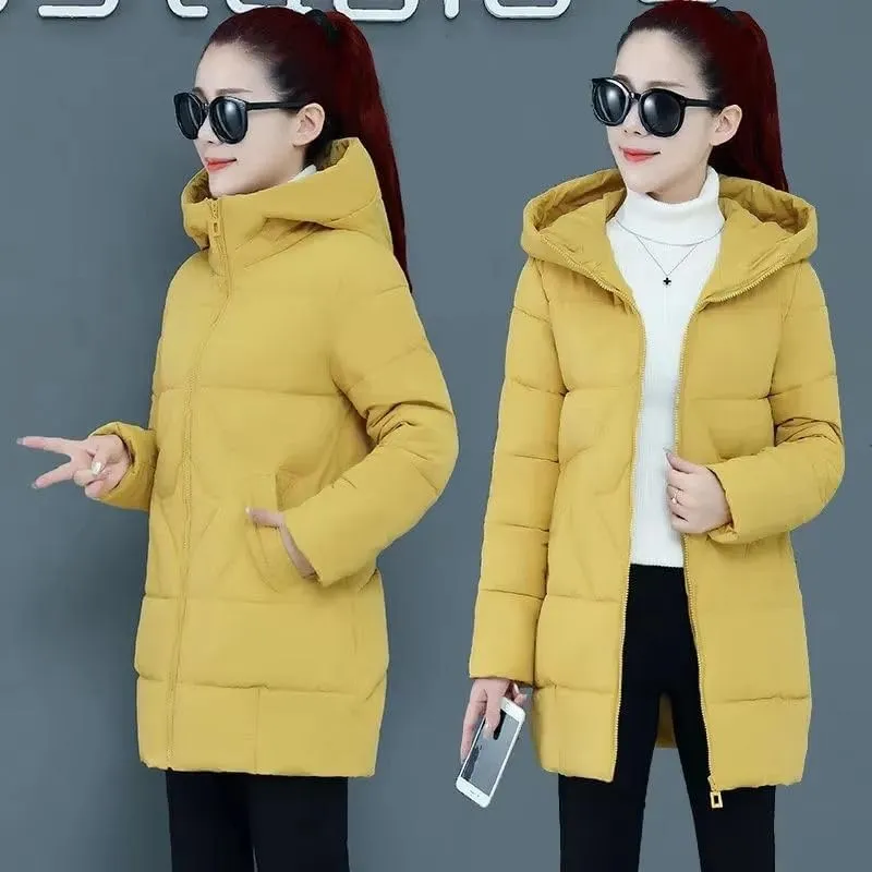 Winter Cotton-Padded Jacket Women's Hooded Solid Parkas Warm Coat Down Jackets Outerwear