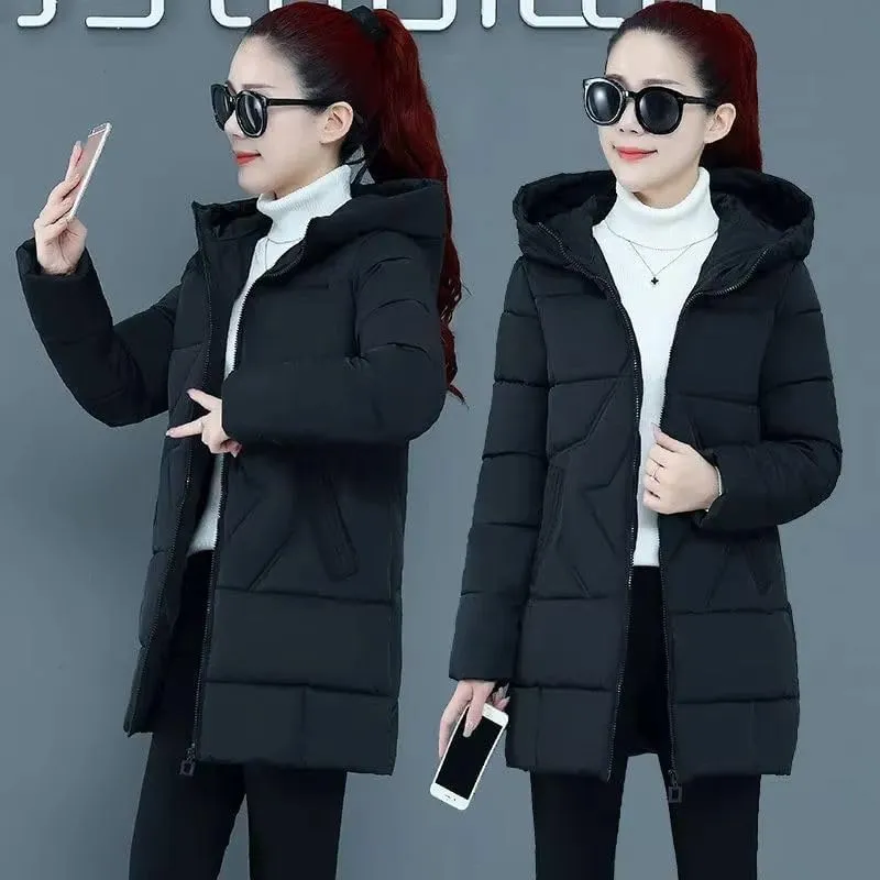 Winter Cotton-Padded Jacket Women's Hooded Solid Parkas Warm Coat Down Jackets Outerwear