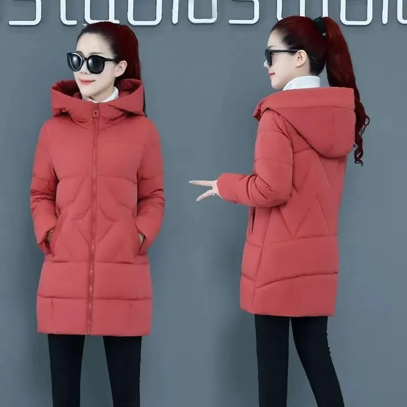 Winter Cotton-Padded Jacket Women's Hooded Solid Parkas Warm Coat Down Jackets Outerwear