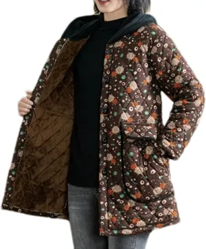 Winter Jacket Thickened Hooded Cotton Padded Clothes Medium Long Loose Floral Fleece Coat