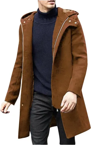 Winter Jackets for Men Long Trench Coat Zip Up Jacket with Hood Wool Blend Peacoat Warm Thick Outerwear 2024