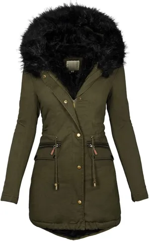 with Faux-fur Hood & Collar Wool Jacket with Long Sleeves for Autumn and Casual Quilted Hooded Lightweight Jackets