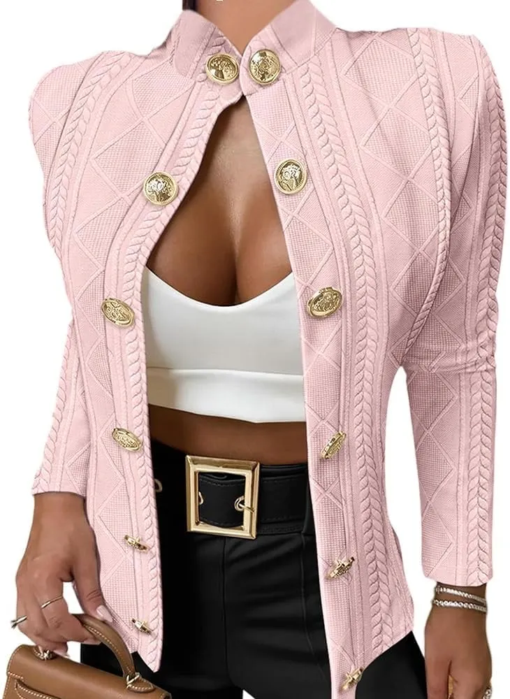 Women Argyle Cable Cardigan Casual Lightweight Cropped Coat Stand Collar Long Sleeve Metal Button Front Spring Jackets