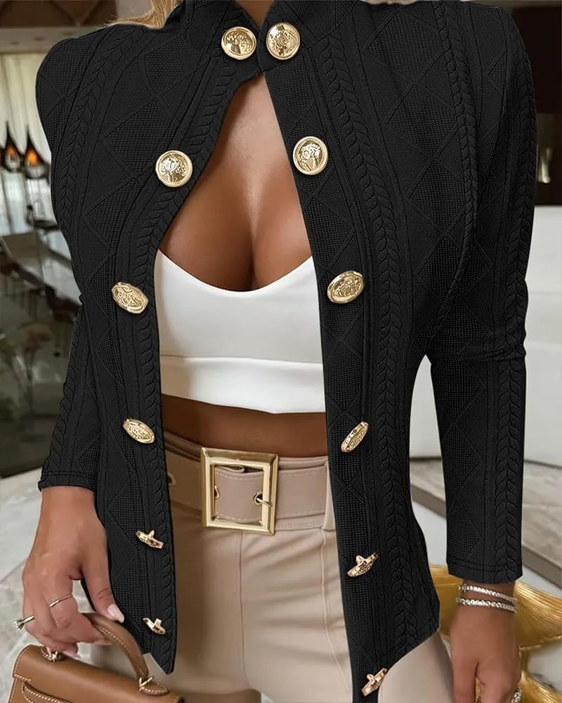 Women Argyle Cable Cardigan Casual Lightweight Cropped Coat Stand Collar Long Sleeve Metal Button Front Spring Jackets