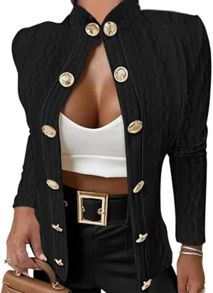 Women Argyle Cable Cardigan Casual Lightweight Cropped Coat Stand Collar Long Sleeve Metal Button Front Spring Jackets