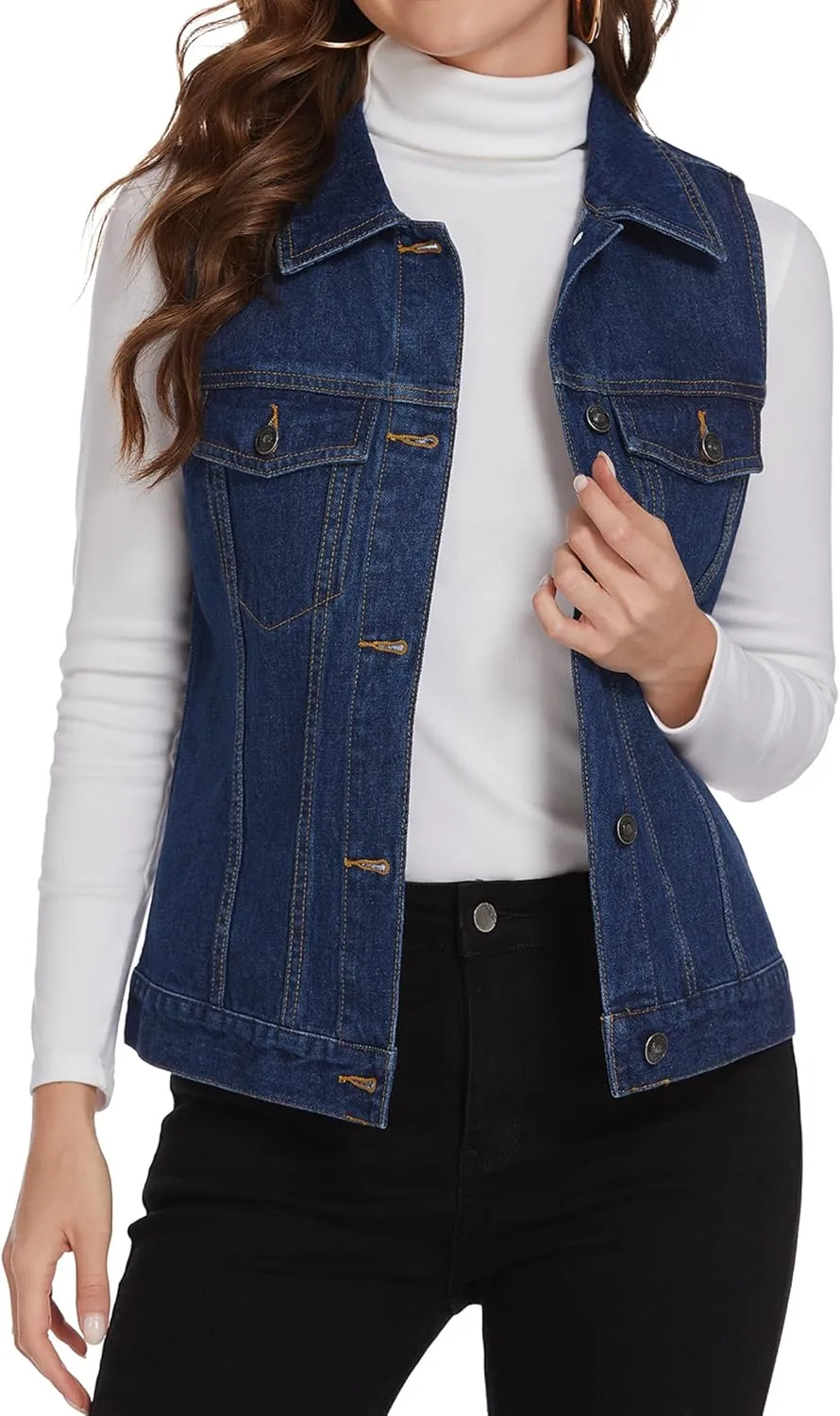Women Casual Denim Vest Sleeveless Jean Vest with Chest Pockets (Navy Blue Small)