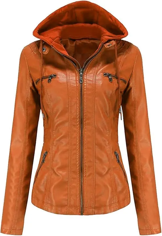 Women Fashion Motorcycle Jacket, Women Removable Hood Faux Leather Jacket, Women Casual Faux leather Jacket