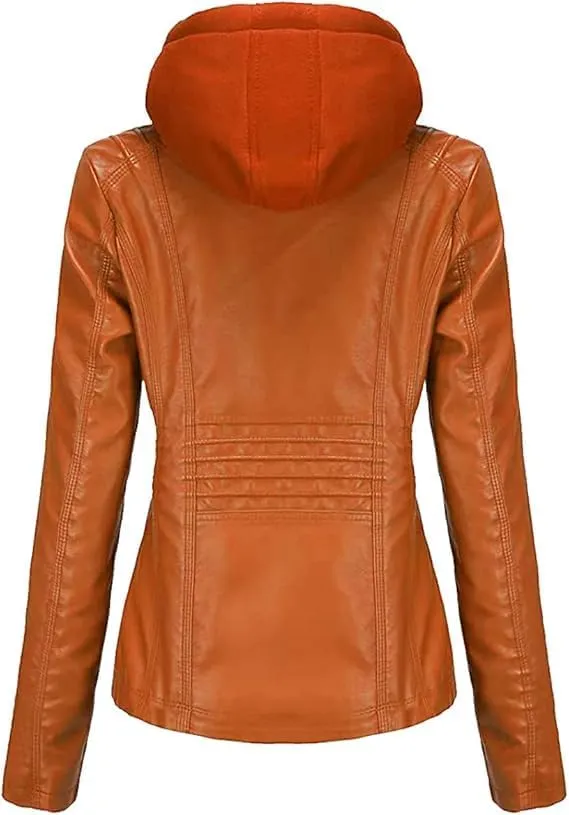 Women Fashion Motorcycle Jacket, Women Removable Hood Faux Leather Jacket, Women Casual Faux leather Jacket