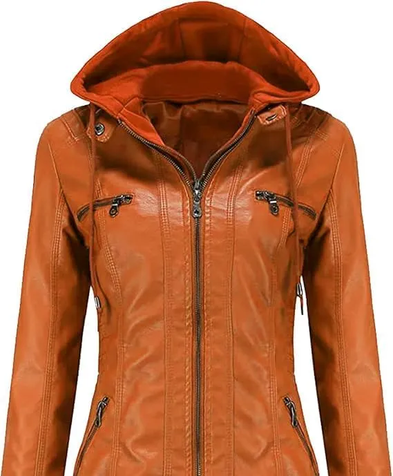 Women Fashion Motorcycle Jacket, Women Removable Hood Faux Leather Jacket, Women Casual Faux leather Jacket